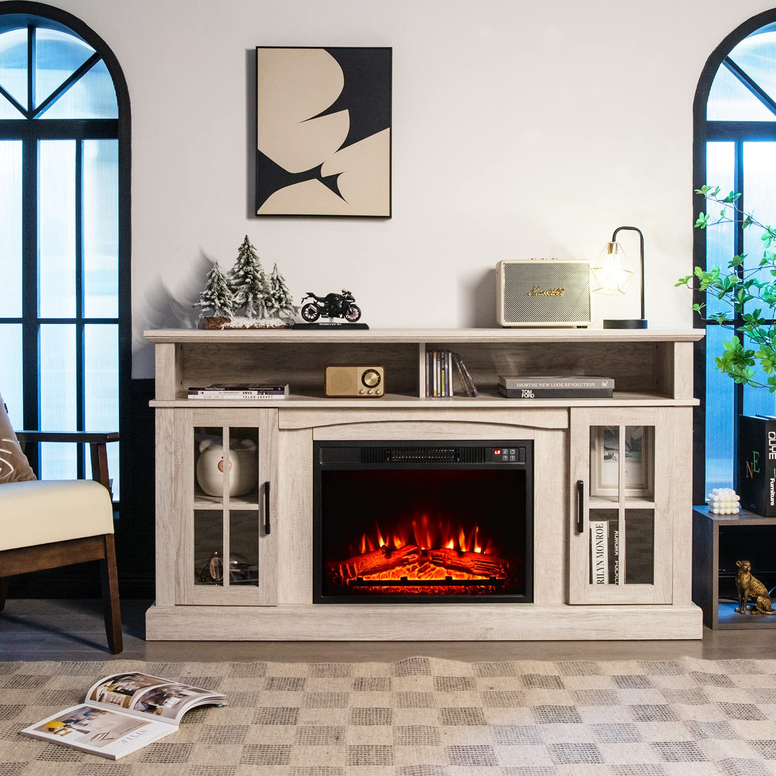 Tangkula Fireplace TV Stand for TVs Up to 65 Inch, Electric Fireplace TV Console w/Remote Control, Overheat Protection